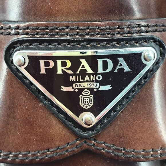 Prada Womens Brown Leather Logo Loafers Size 35 Thick Sole Made In Italy - Picture 2 of 9
